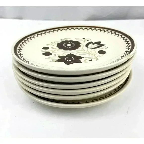 VTG Set of 6 1970's Floral Dessert Plate Brown Tan Flowers 6" - Picture 3 of 11